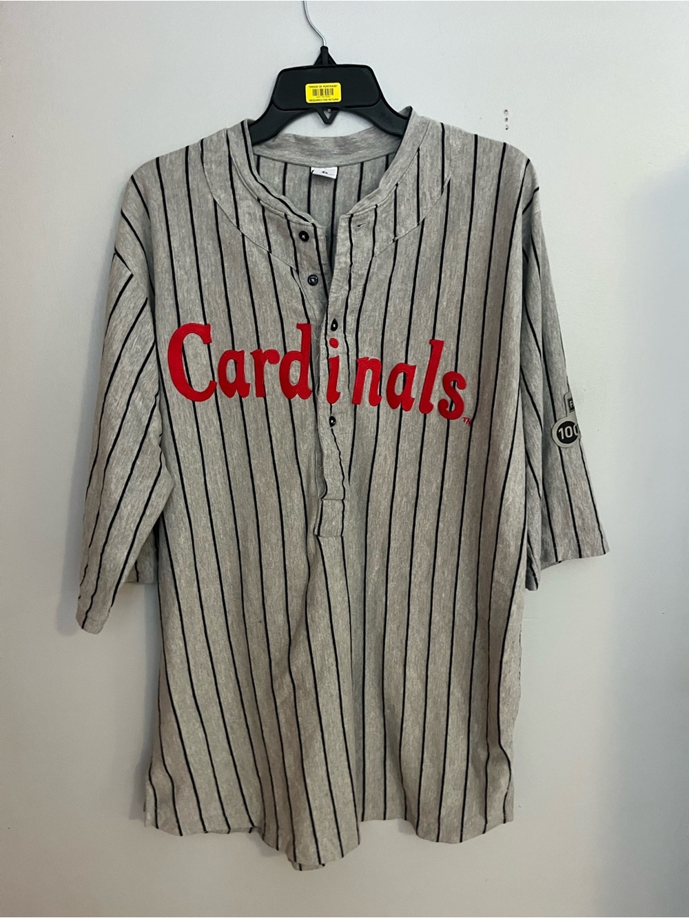 Gray Pinstripe Cardinals Henley Jersey with Red Script